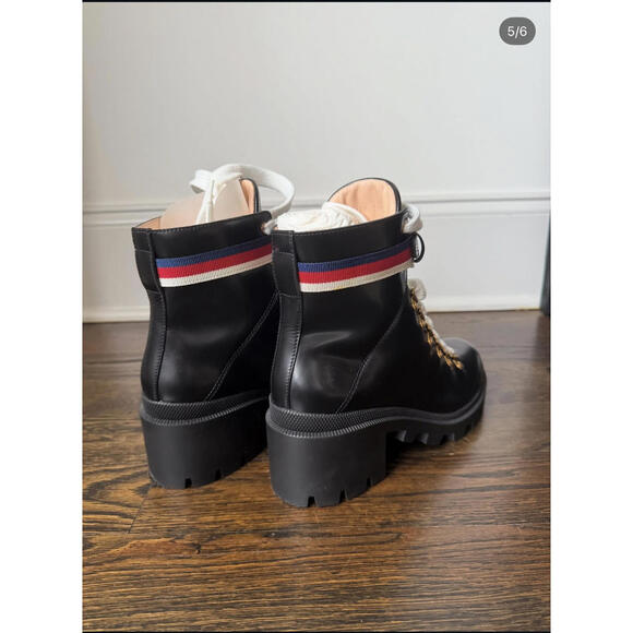 Gucci Women's Black Leather Hiking Boots with Red and Blue Stripe Detail - Picture 5 of 6